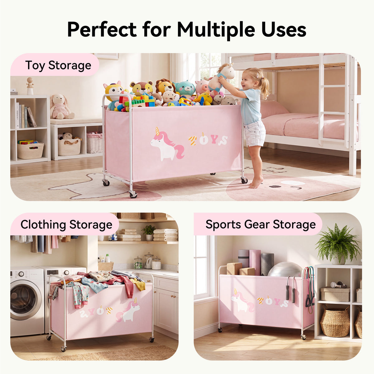 GRANNY SAYS 200L Extra Large Toy Box, 300D Oxford Cloth & Metal Toy Chest with Locking Silent Wheels, Pink