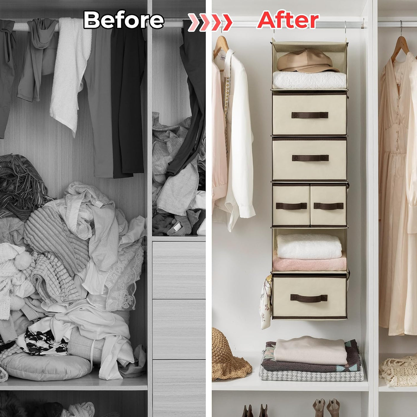 Hanging Closet Organizer, 5 Drawers, 6 Shelves, 6 Pockets, Beige