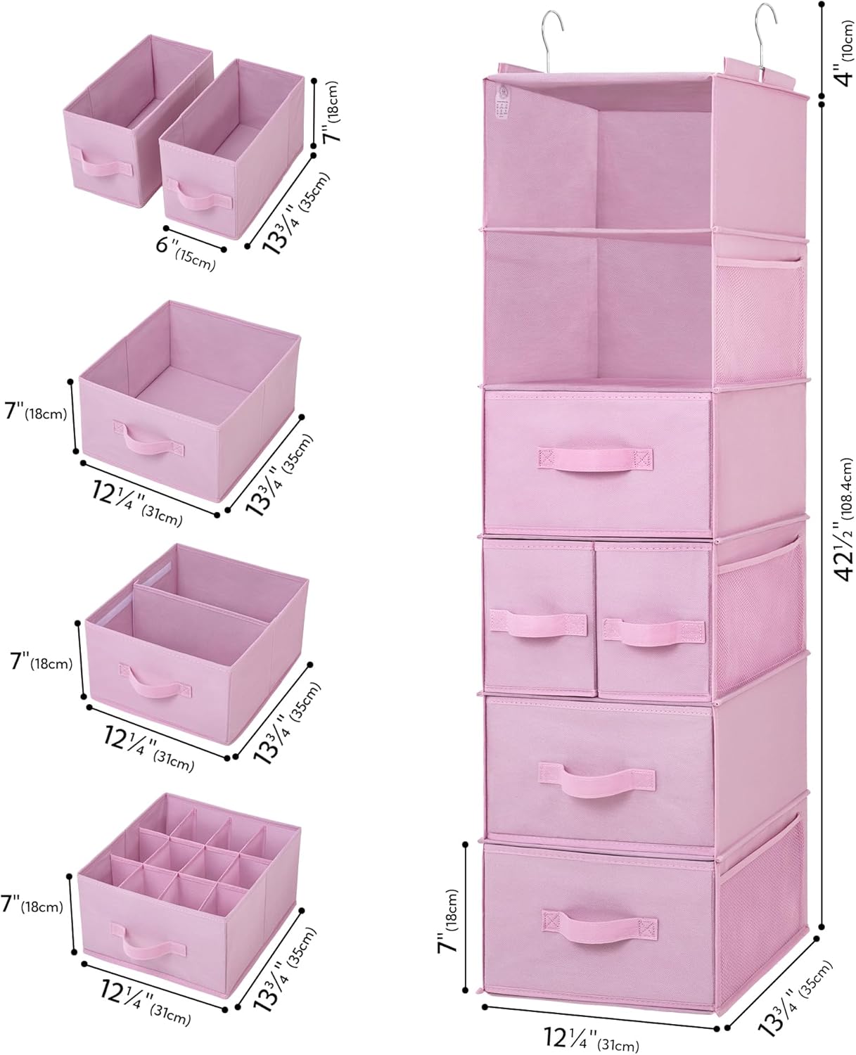 Hanging Closet Organizer, 5 Drawers, 6 Shelves, 6 Pockets, Pink