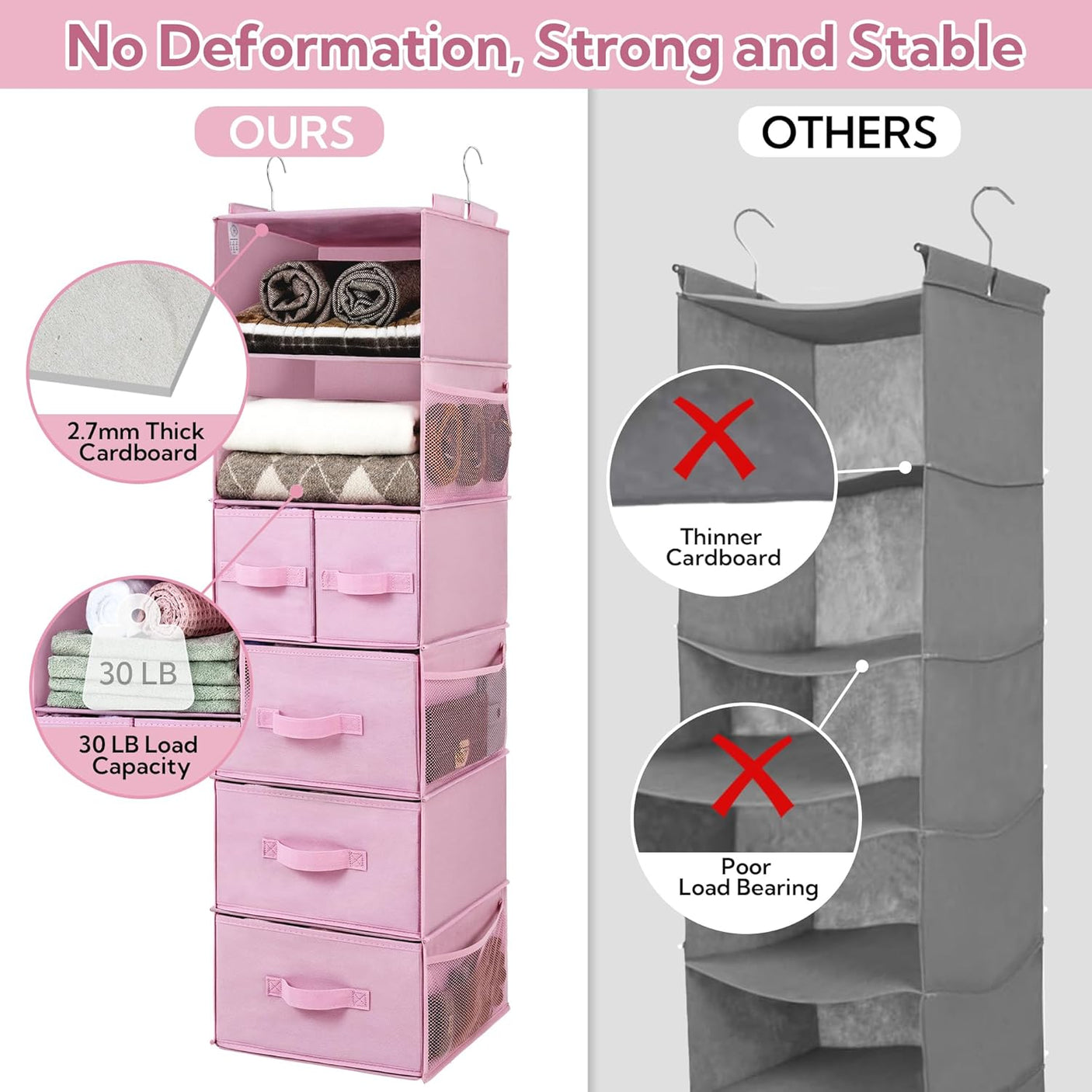 Hanging Closet Organizer, 5 Drawers, 6 Shelves, 6 Pockets, Pink