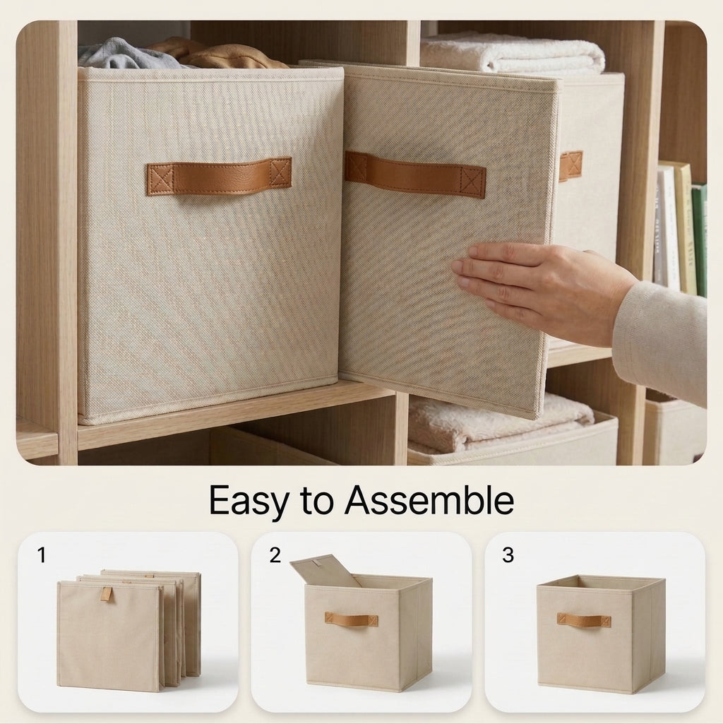 GRANNY SAYS 11 Inch Cube Storage Bins, Foldable Fabric Organizer Baskets with Premium Faux Leather Handles for Closet Storage, 6 Pack,Beige