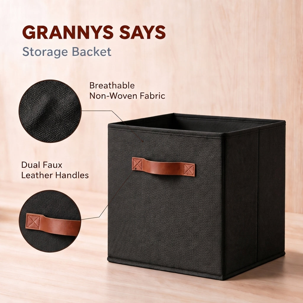 GRANNY SAYS 11" Cube Storage Bins with Faux Leather Handles, Black 6 Pack