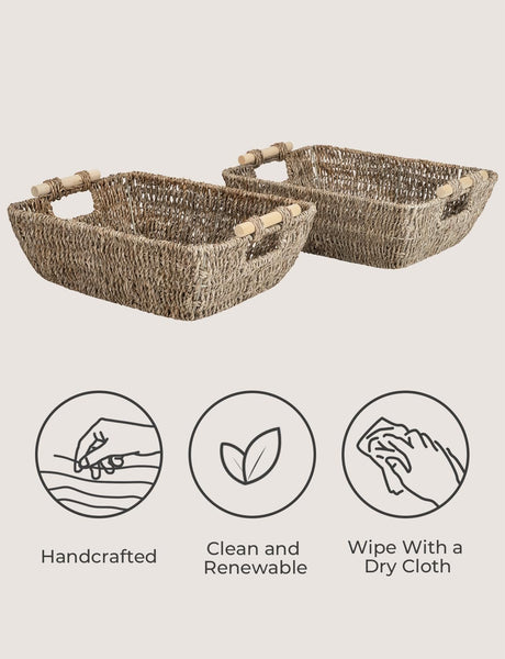 2pcs, Hand-Woven Large Storage Baskets with Wooden Handles,  Wicker Storage Baskets for Shelves, Wicker Baskets for Storage