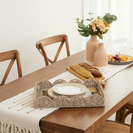 Wicker Scalloped Edge Serving Tray, Rectangle Tray with Built-in Handles, Hand-Woven Scalloped Rattan Tray, Wicker Trays for Décor