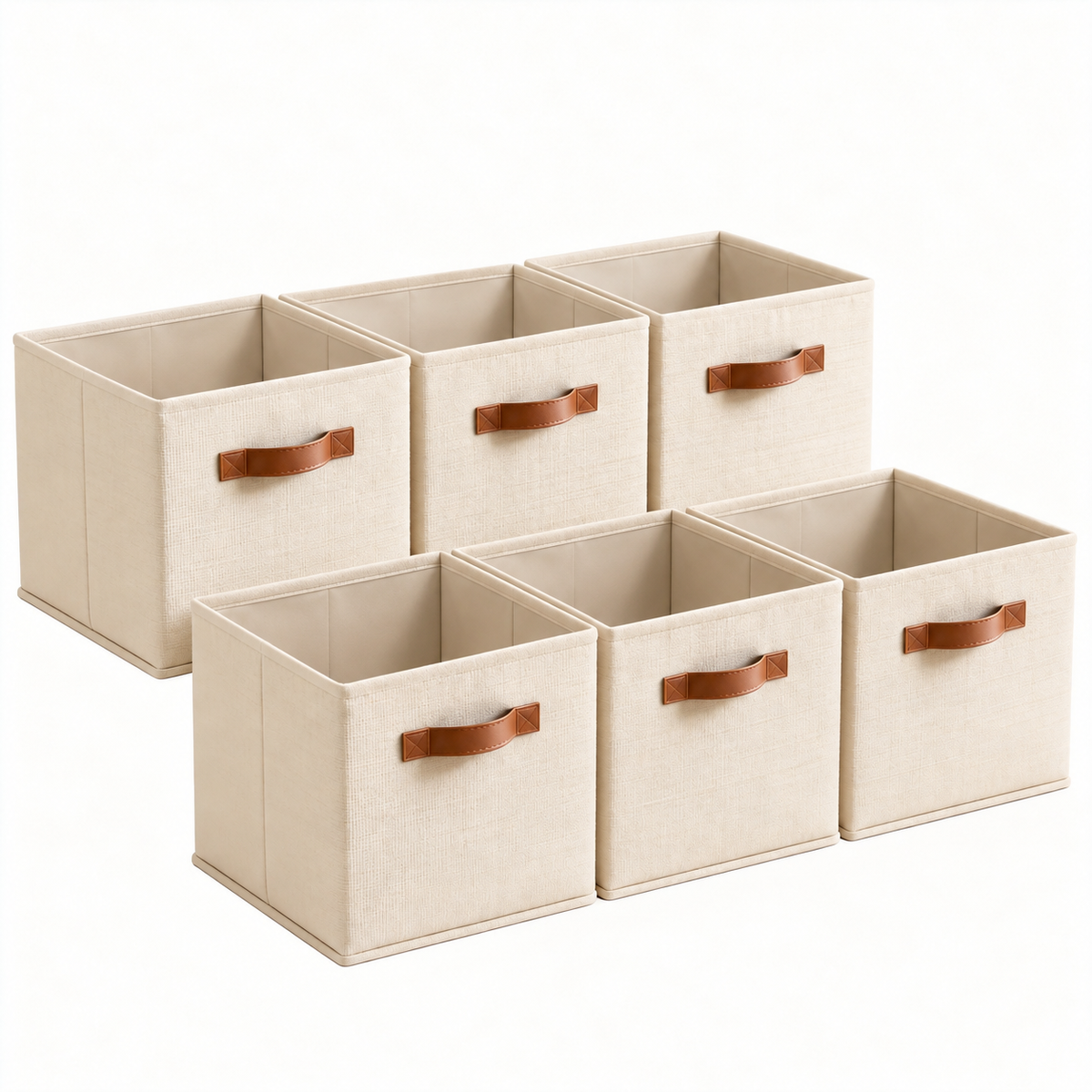 GRANNY SAYS 11 Inch Cube Storage Bins, Foldable Fabric Organizer Baskets with Premium Faux Leather Handles for Closet Storage, 6 Pack,Beige