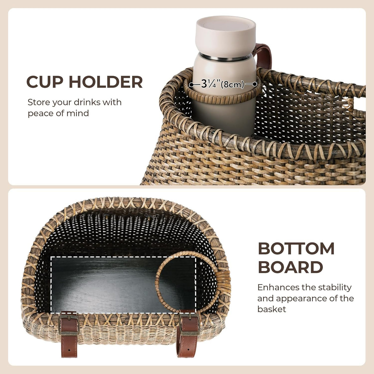 GRANNY SAYS Bike Basket, Front Wicker Handlebar Basket with Cup Holder for Adults Commuting & Errands, Dark Brown
