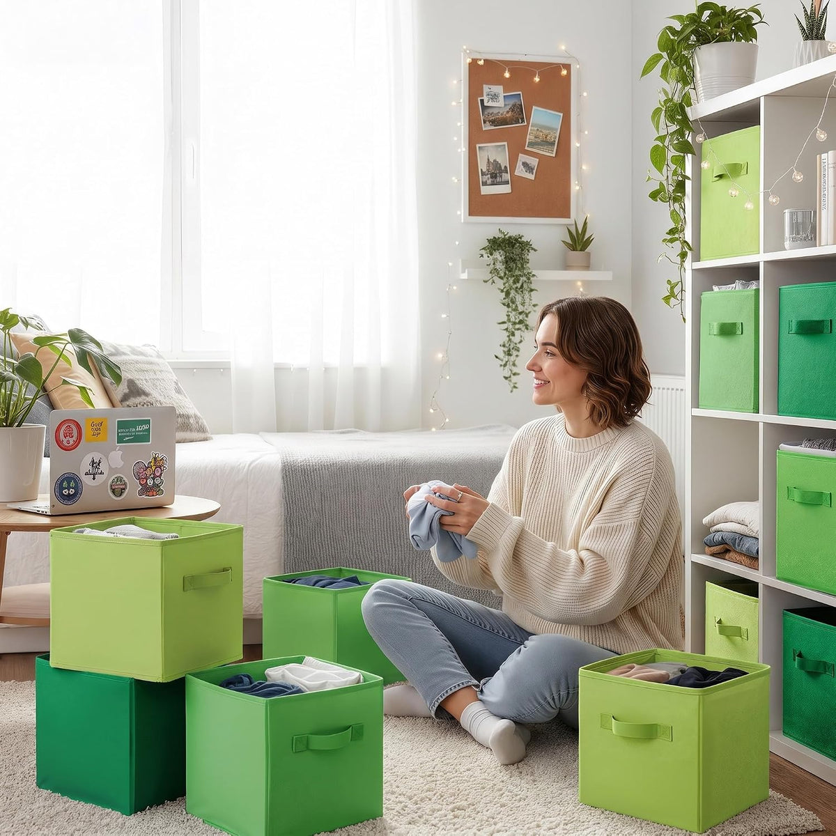 GRANNY SAYS Set of 6 Cube Storage Bins, 11 Inch Foldable Fabric Baskets, Forest Green Gradient for Closet & Kitchen Organizing