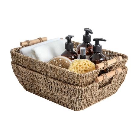 2pcs, Hand-Woven Large Storage Baskets with Wooden Handles,  Wicker Storage Baskets for Shelves, Wicker Baskets for Storage