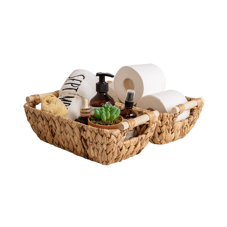 2pcs, Hand-Woven Large Storage Baskets with Wooden Handles,  Wicker Storage Baskets for Shelves, Wicker Baskets for Storage