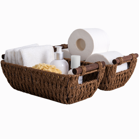 2pcs, Hand-Woven Large Storage Baskets with Wooden Handles,  Wicker Storage Baskets for Shelves, Wicker Baskets for Storage