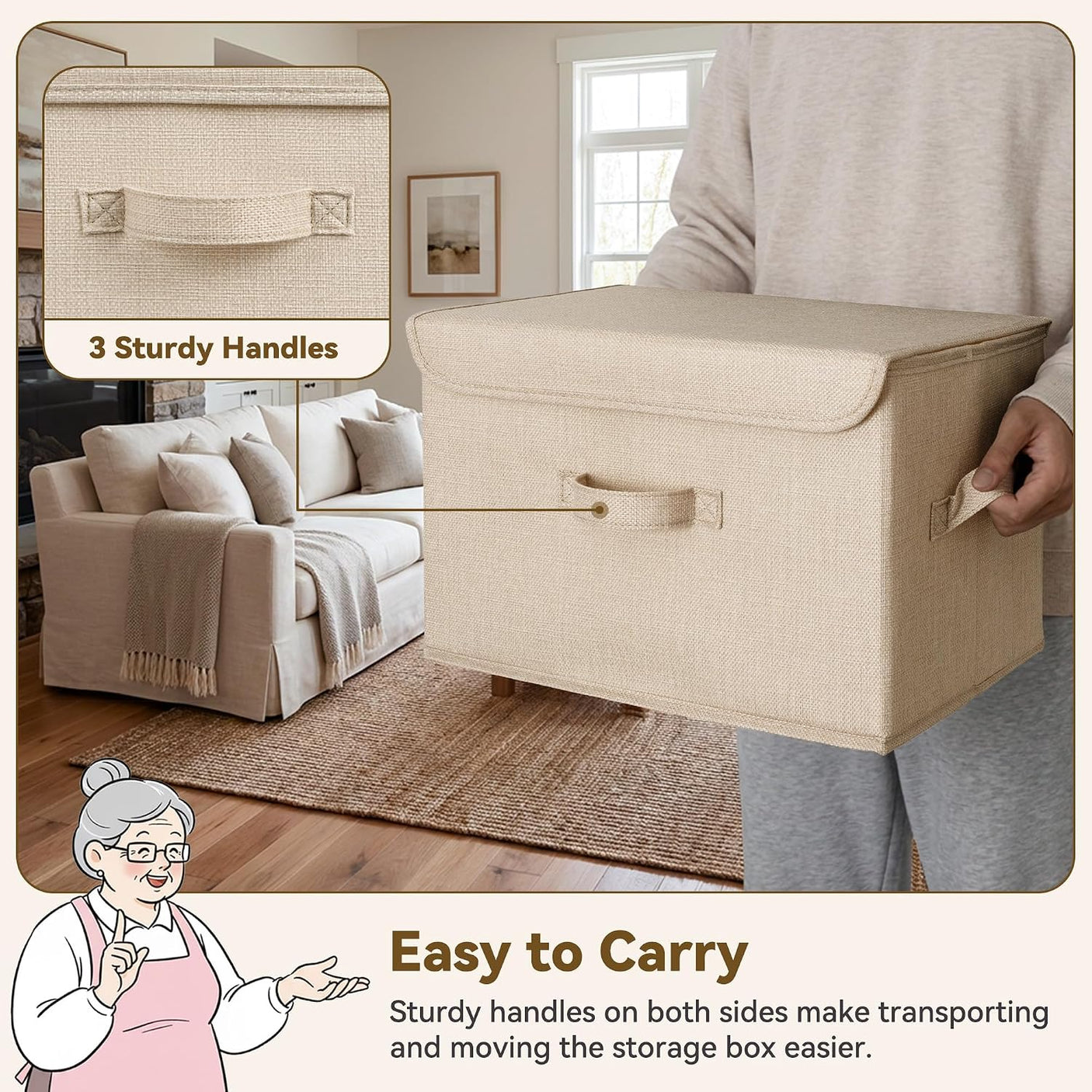 Fabric Storage Bins with Flip-Top Lid, Large, 2-Pack, Ivory White & Khaki
