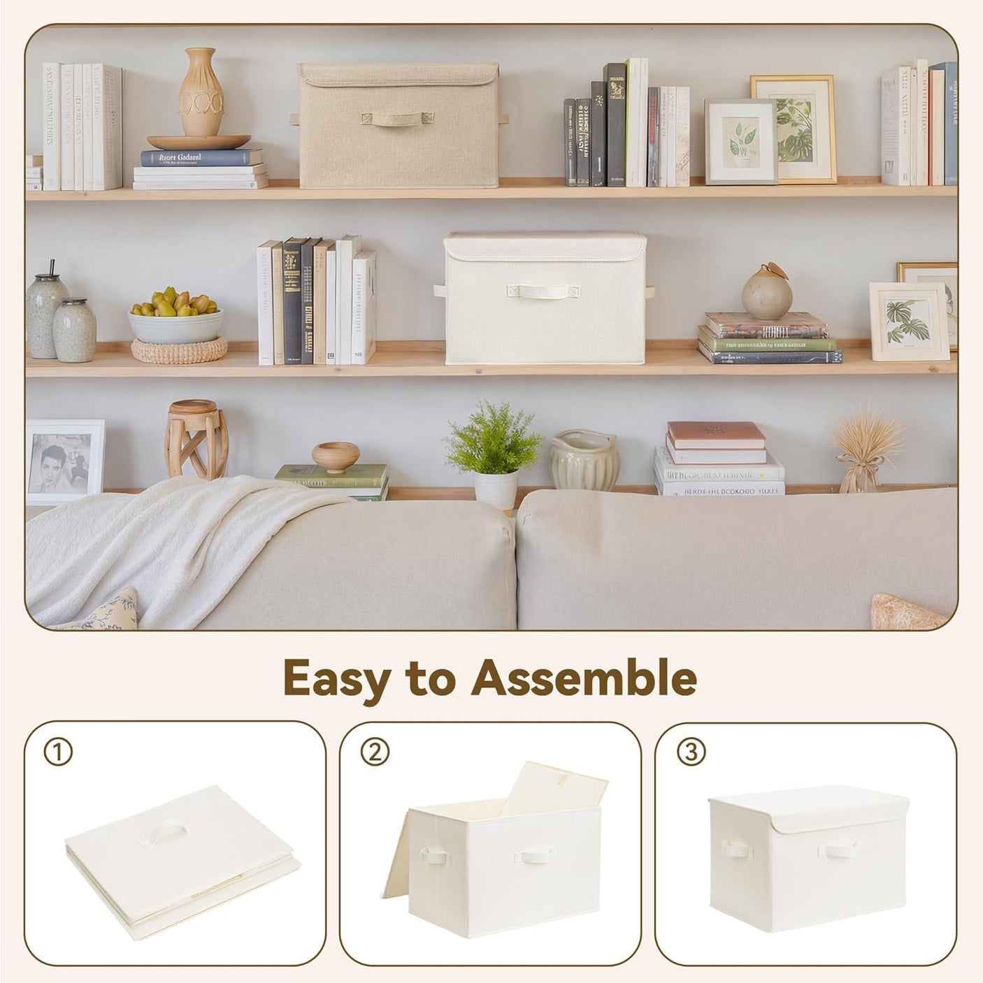 Fabric Storage Bins with Flip-Top Lid, Large, 2-Pack, Ivory White & Khaki