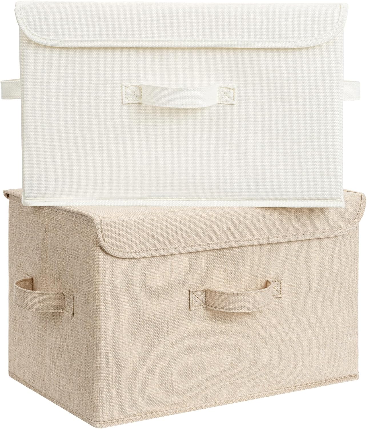 Fabric Storage Bins with Flip-Top Lid, Large, 2-Pack, Ivory White & Khaki