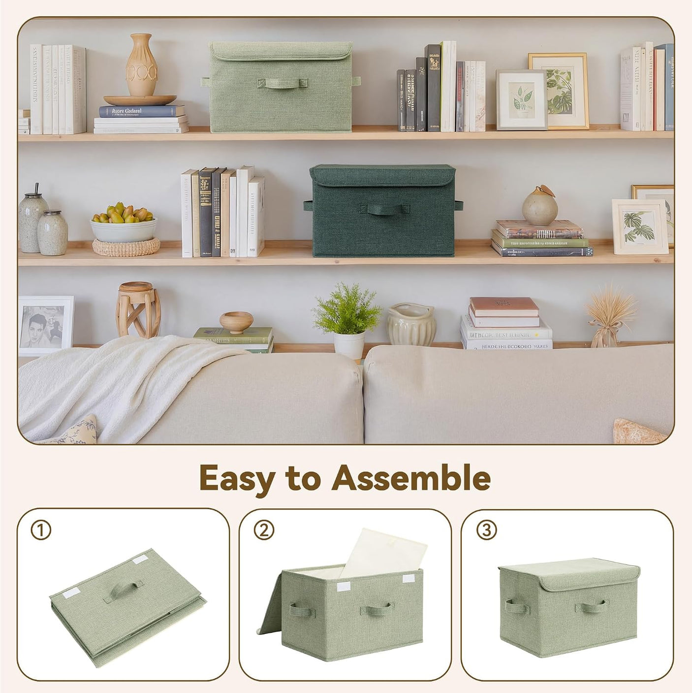 Fabric Storage Box with Flip-Top Lid, Large, 2-Pack, Sage Green & Dark Green