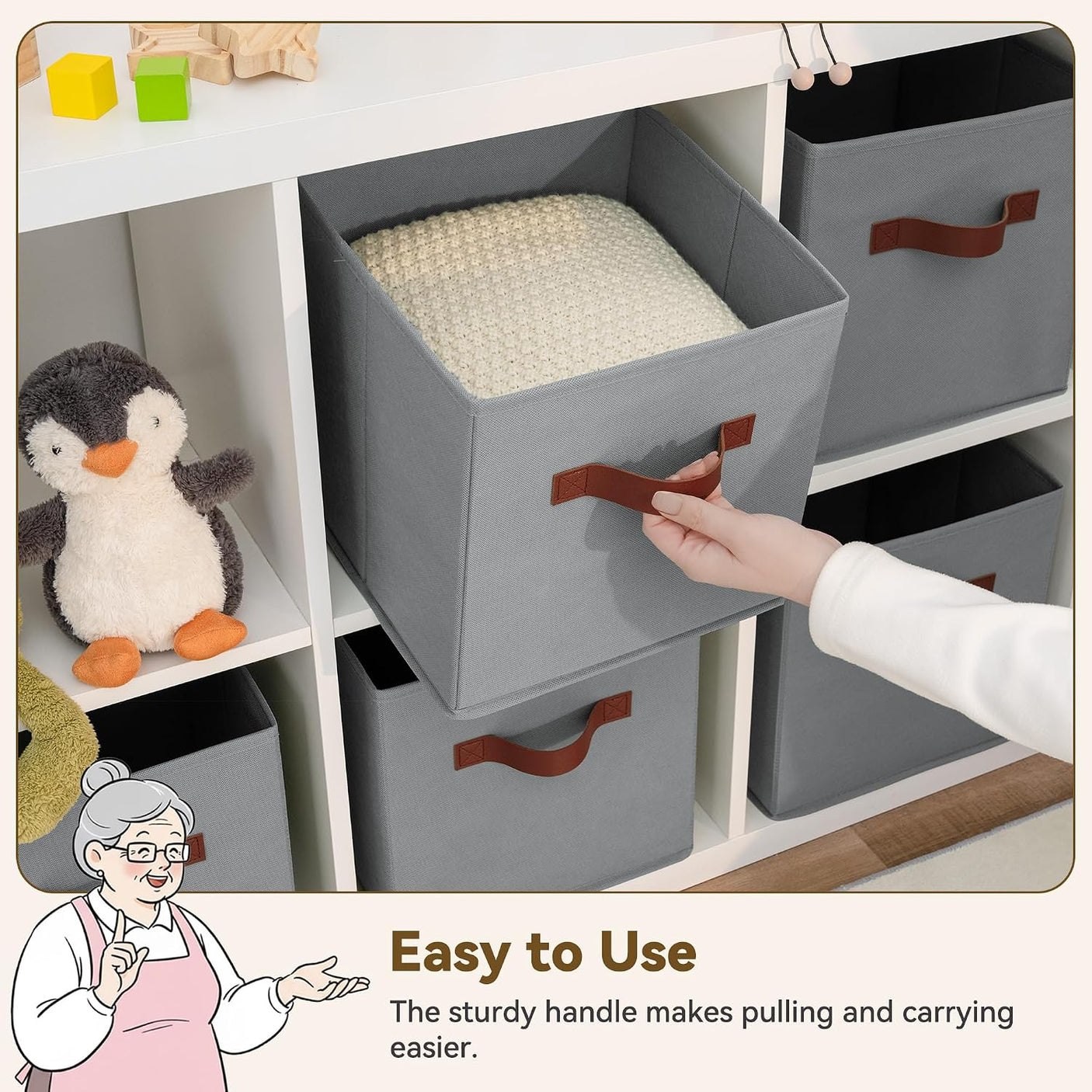 11 Inch Cube Storage Bins, Grey, 6-Pack