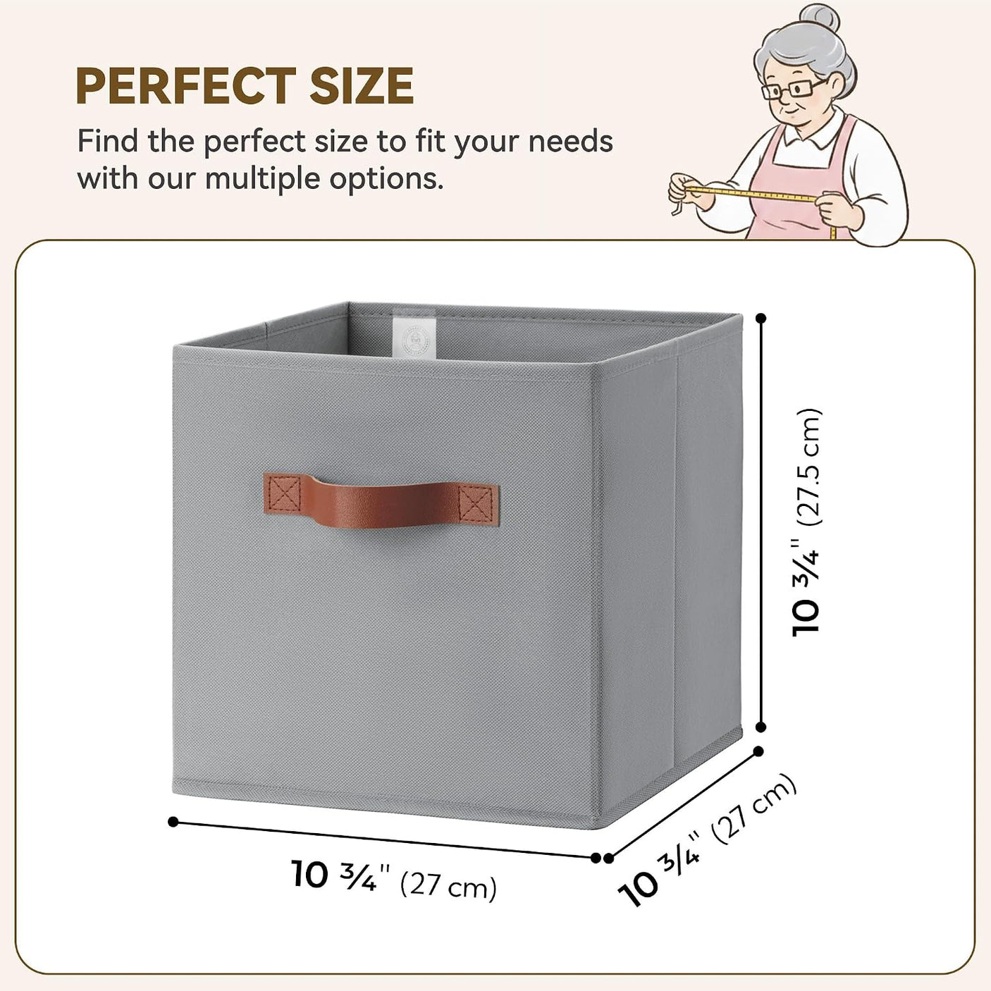 11 Inch Cube Storage Bins, Grey, 6-Pack