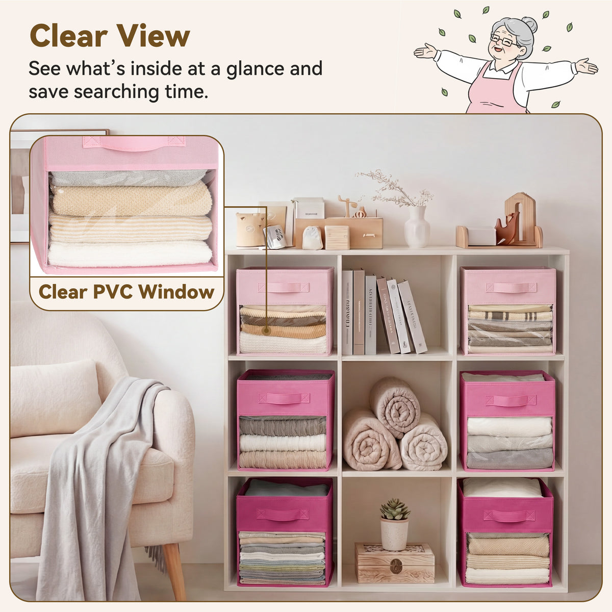 Cube Storage Bins with Clear Window, 11 Inch, 6-Pack, Pink Gradient