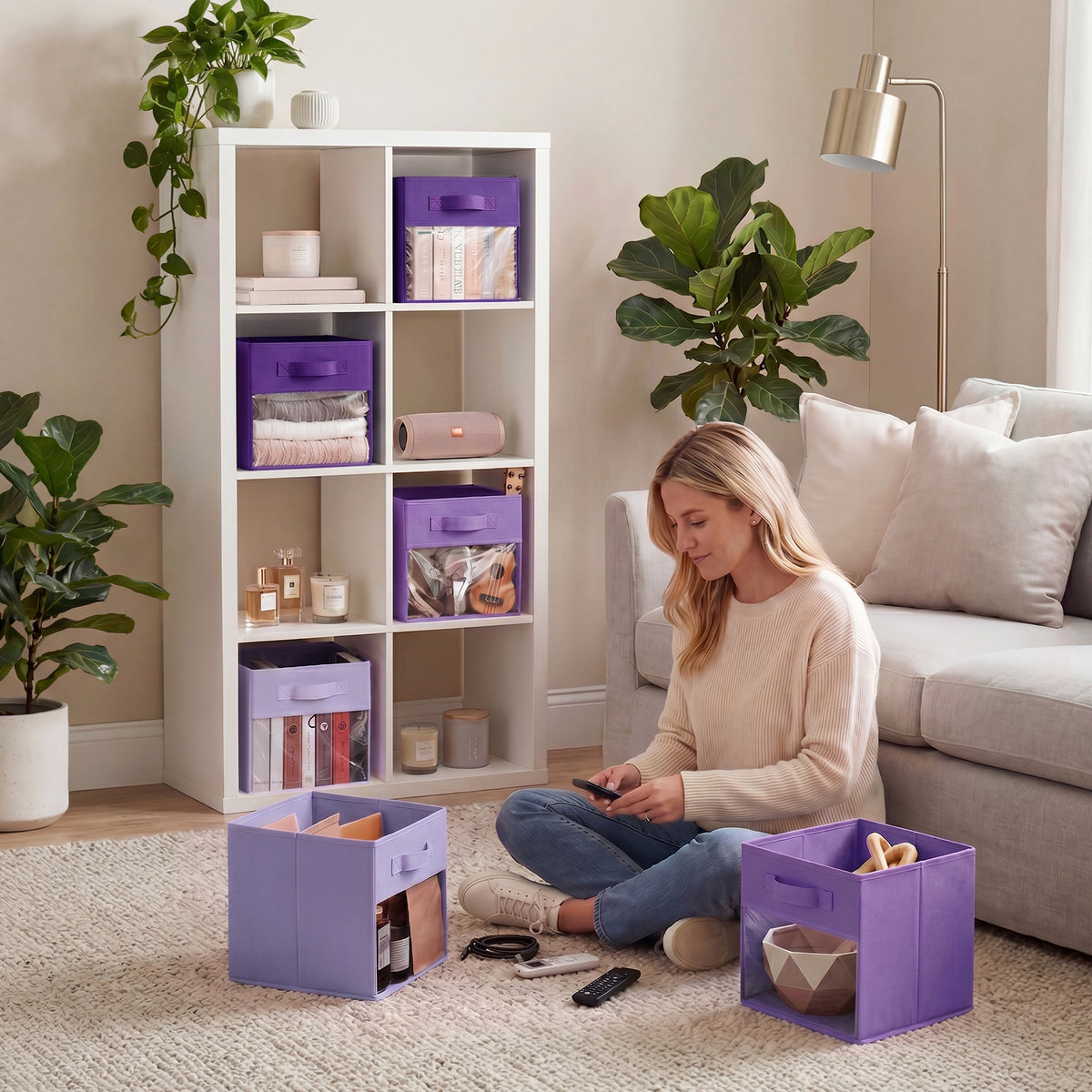 Cube Storage Bins with Clear Window, 11 Inch, 6-Pack, Purple Gradient