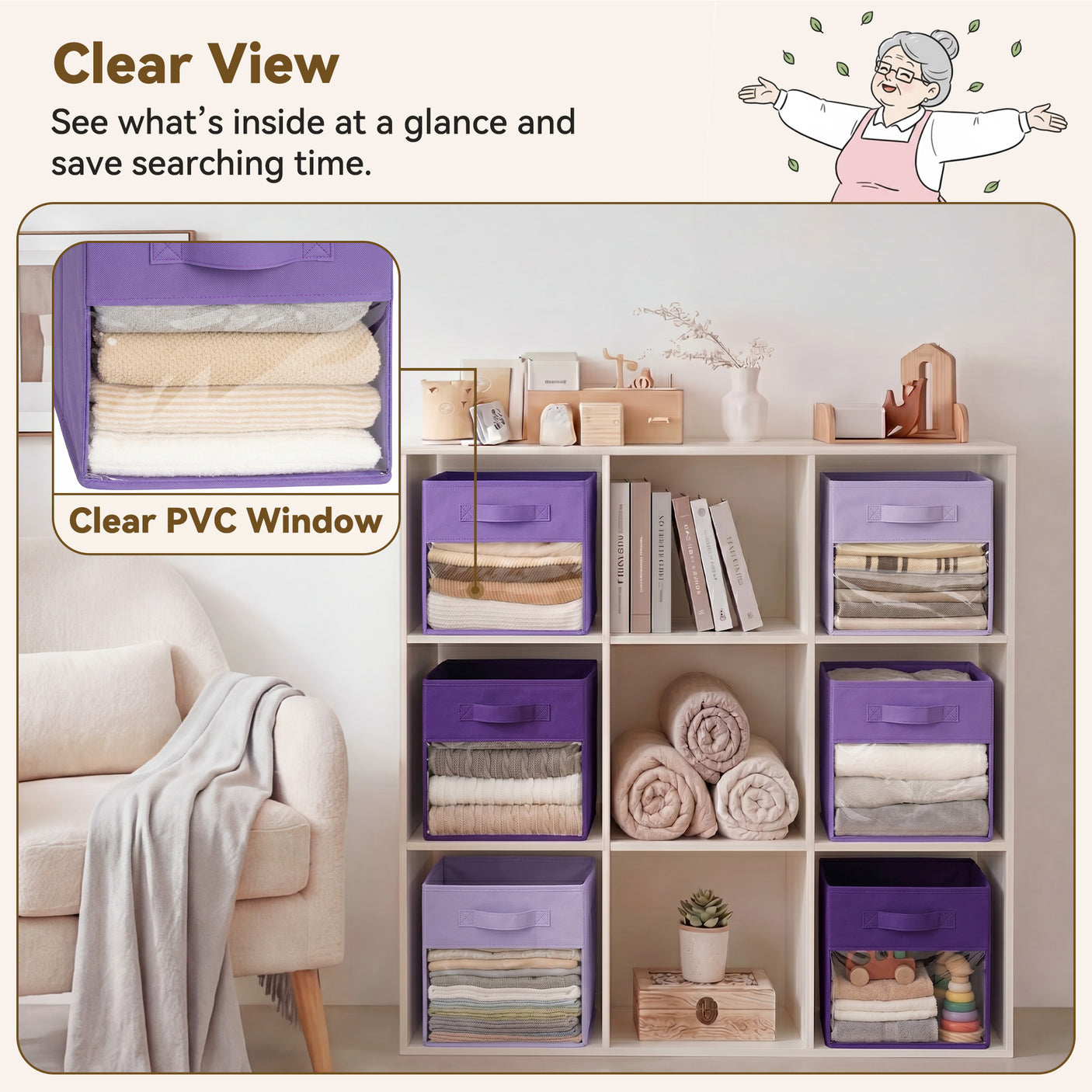 Cube Storage Bins with Clear Window, 11 Inch, 6-Pack, Purple Gradient