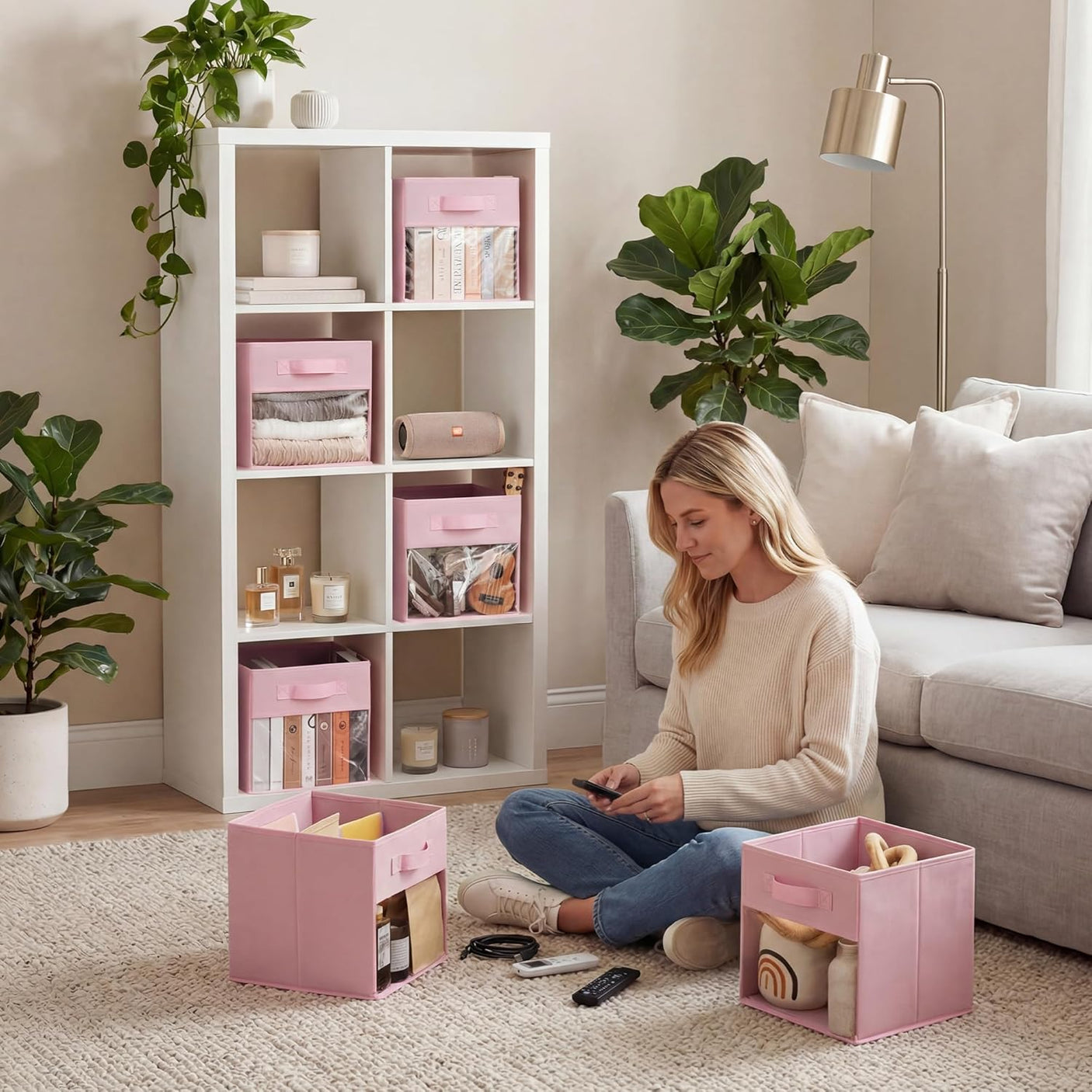 11 Inch Cube Storage Bins with Clear Window, Pink, 6-Pack