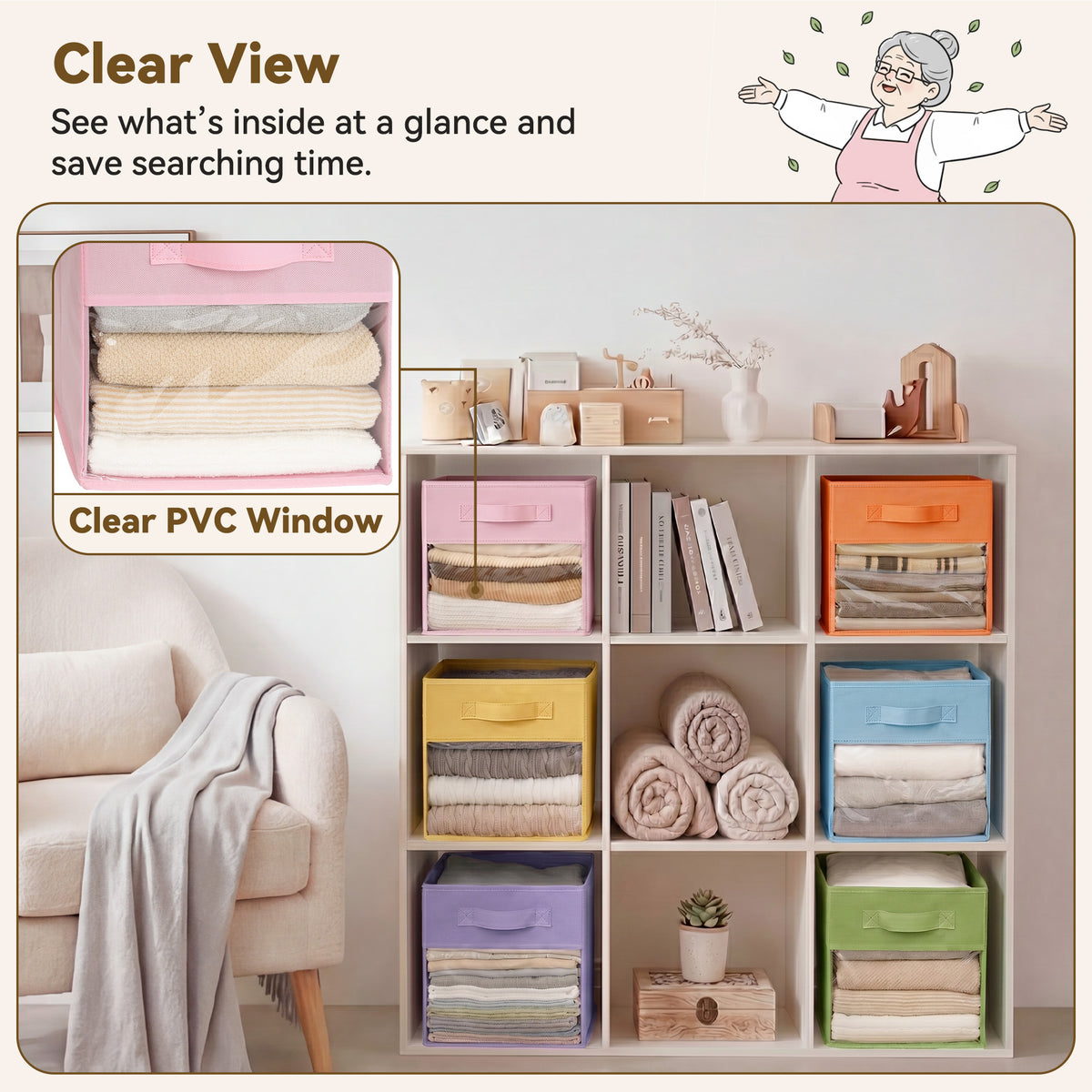 Cube Storage Bins with Clear Window, 11 Inch, 6-Pack, Colorful
