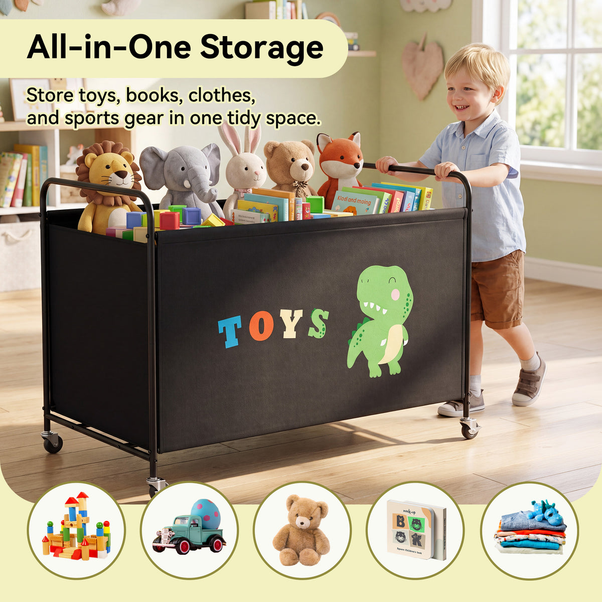 GRANNY SAYS Extra Large Toy Box for Kids, 200L Metal Toy Chest with Locking Wheels, Black