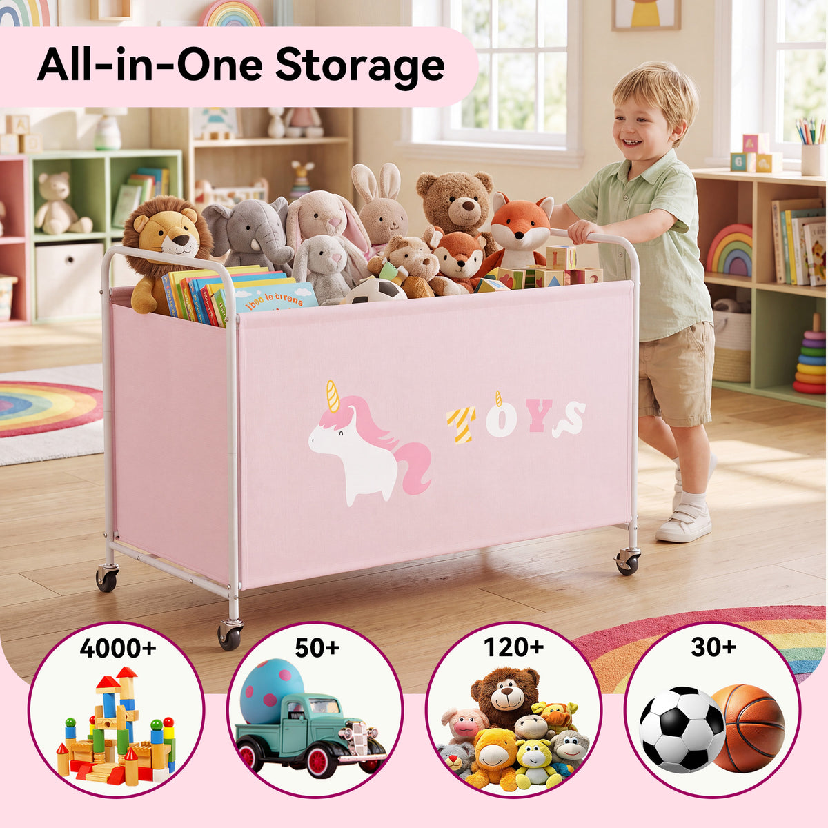 GRANNY SAYS 200L Extra Large Toy Box, 300D Oxford Cloth & Metal Toy Chest with Locking Silent Wheels, Pink