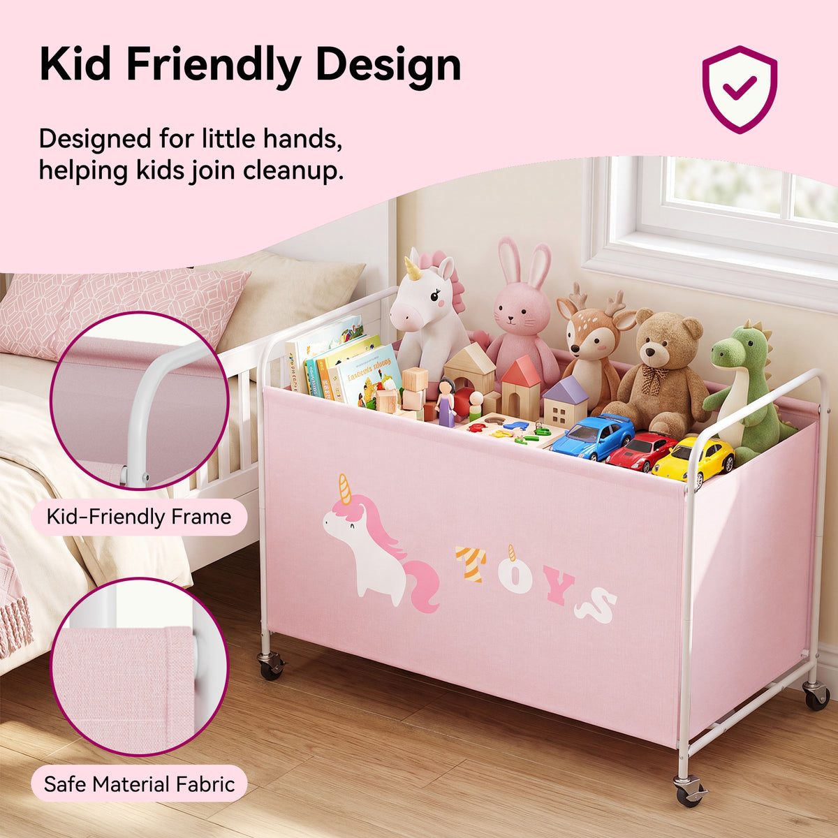 GRANNY SAYS 200L Extra Large Toy Box, 300D Oxford Cloth & Metal Toy Chest with Locking Silent Wheels, Pink