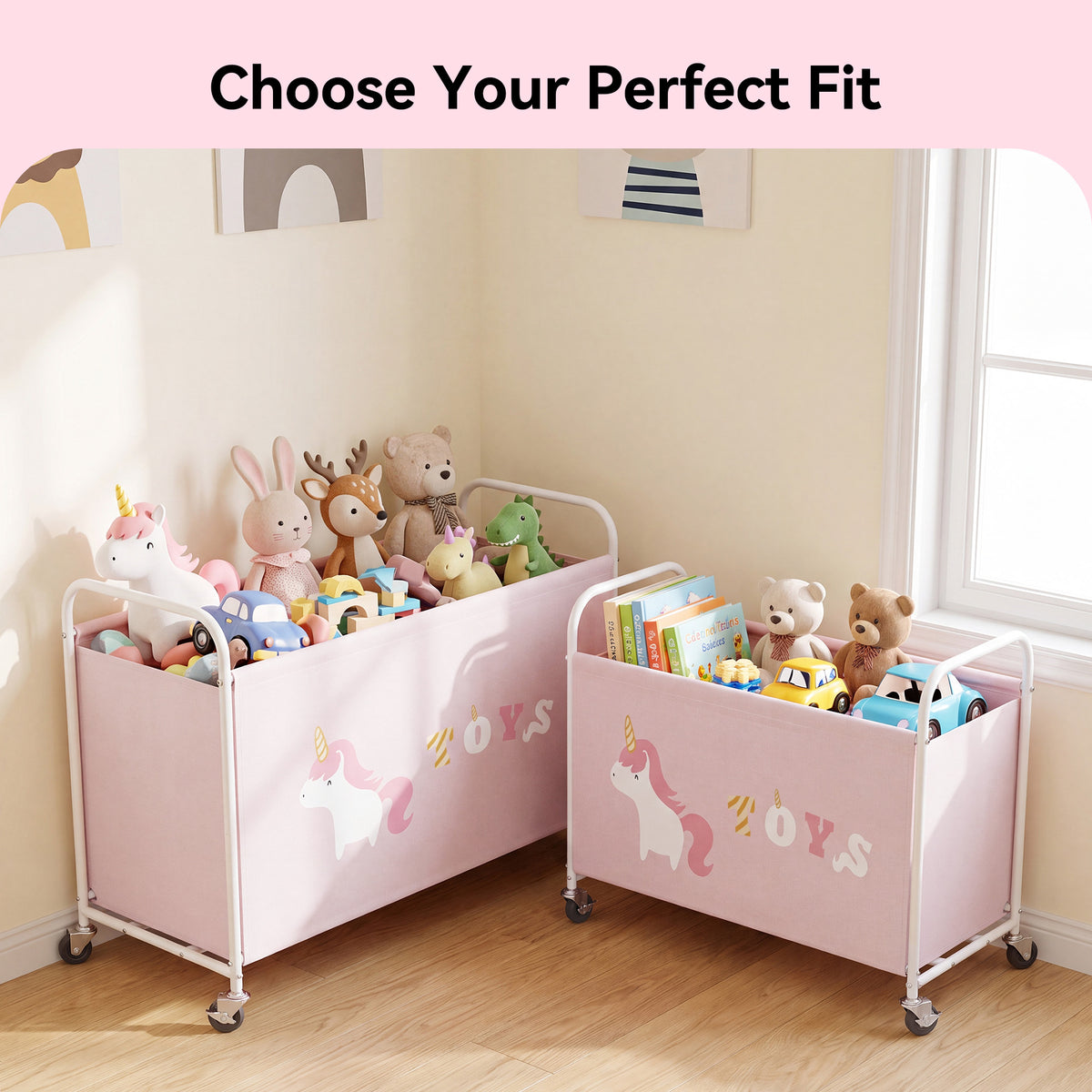 GRANNY SAYS 200L Extra Large Toy Box, 300D Oxford Cloth & Metal Toy Chest with Locking Silent Wheels, Pink