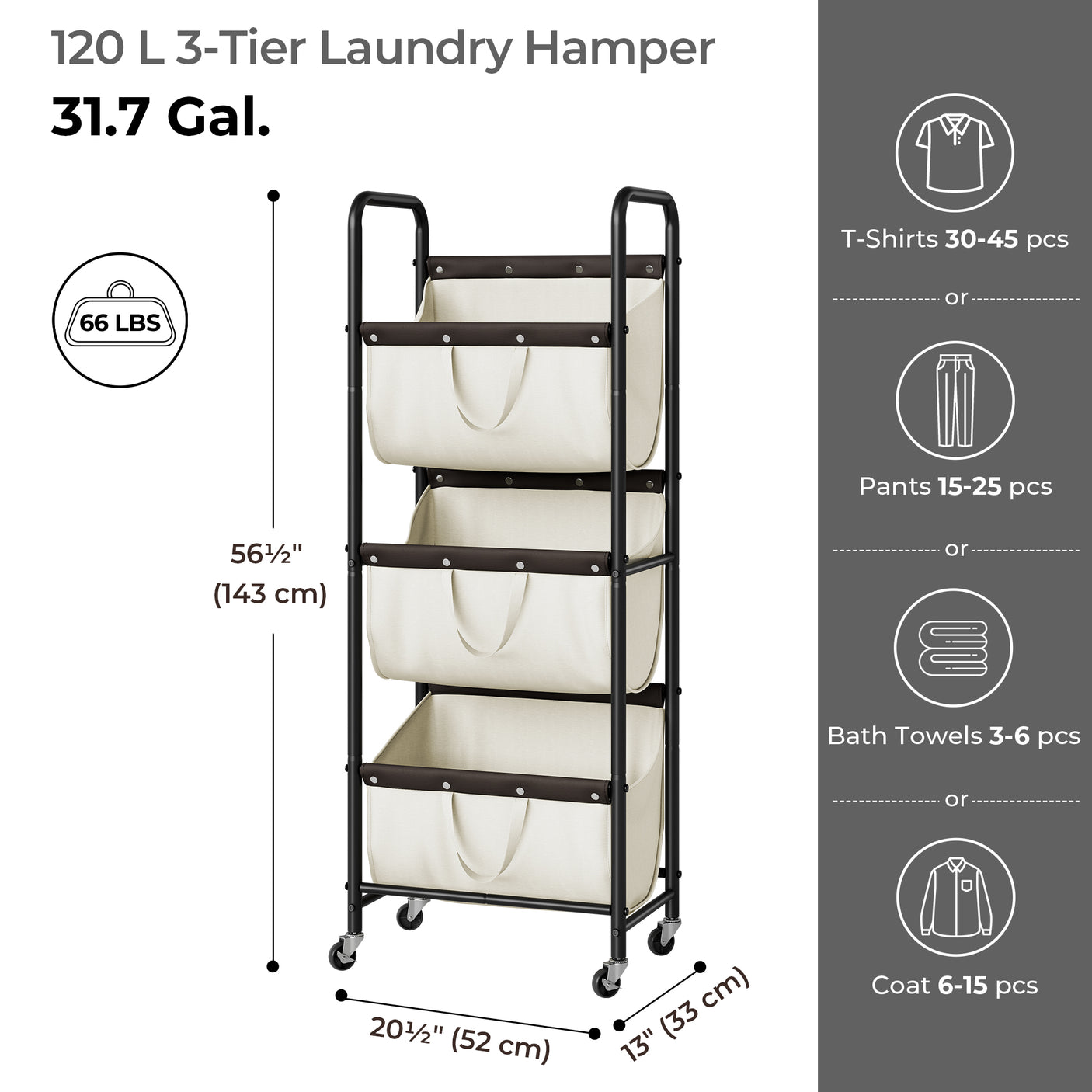 3 Tier Laundry Sorter with Wheels