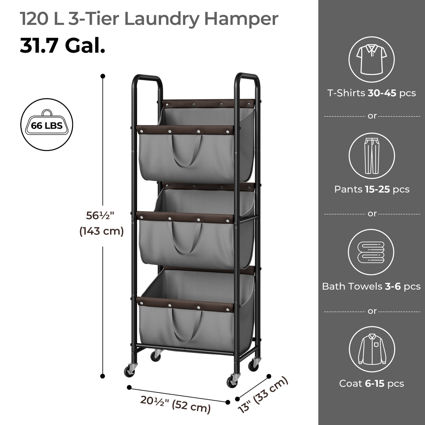 3 Tier Laundry Sorter with Wheels