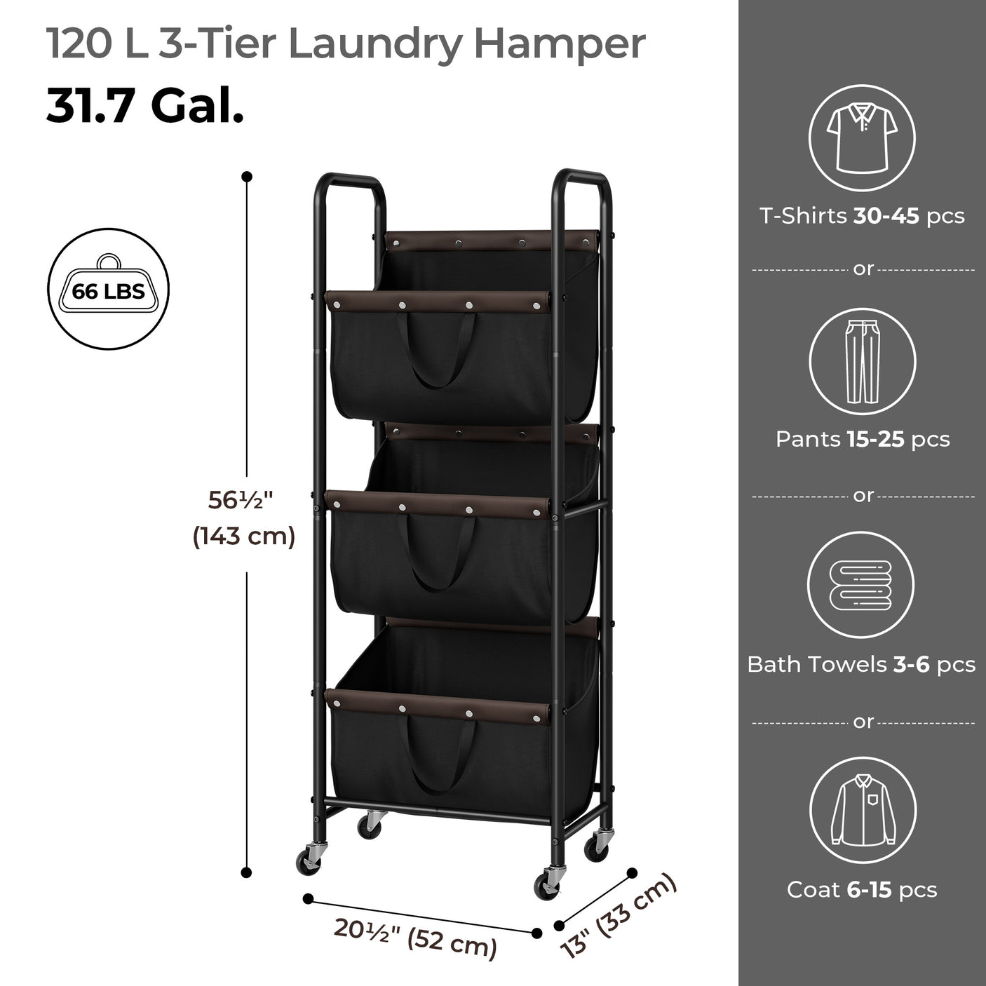 3 Tier Laundry Sorter with Wheels
