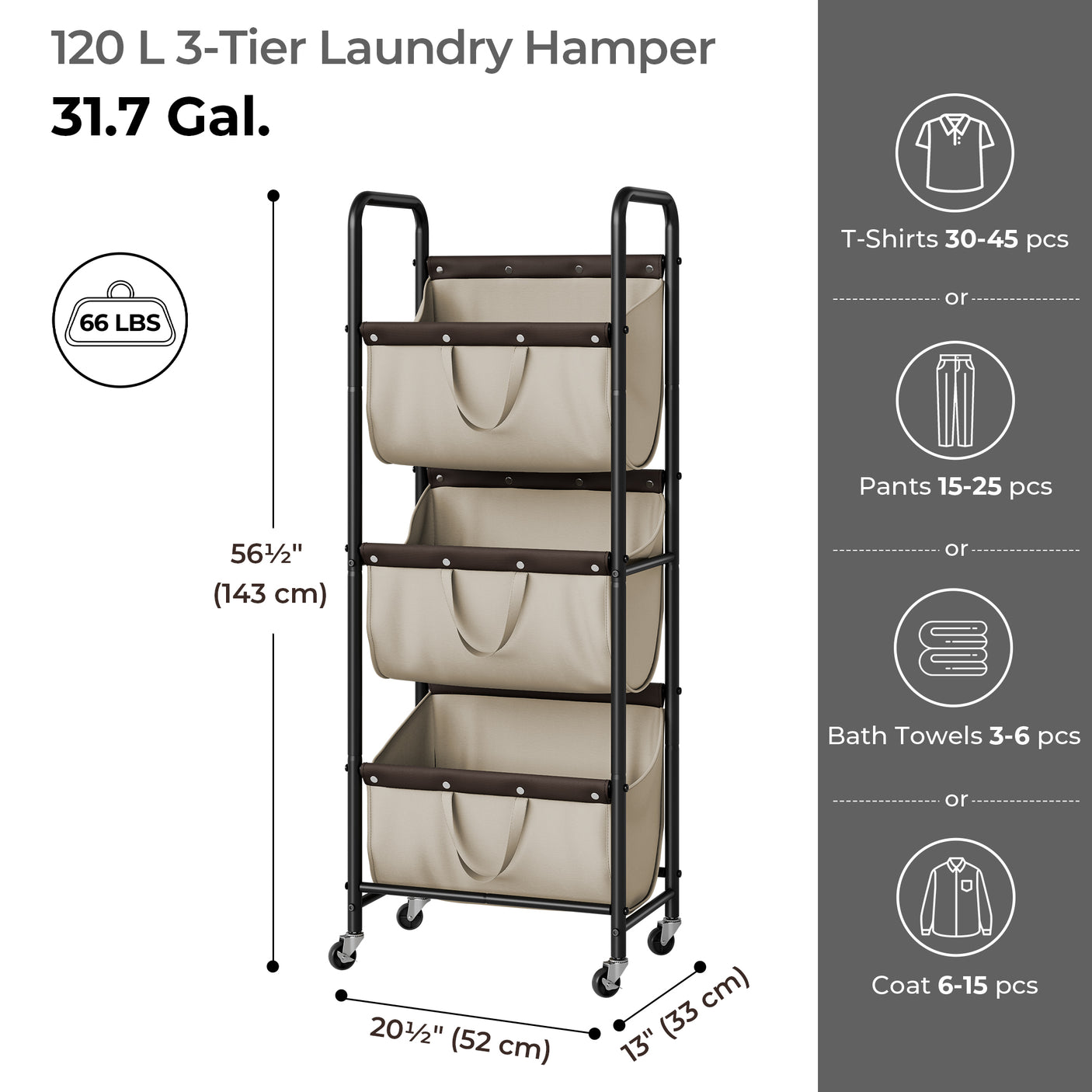 3 Tier Laundry Sorter with Wheels