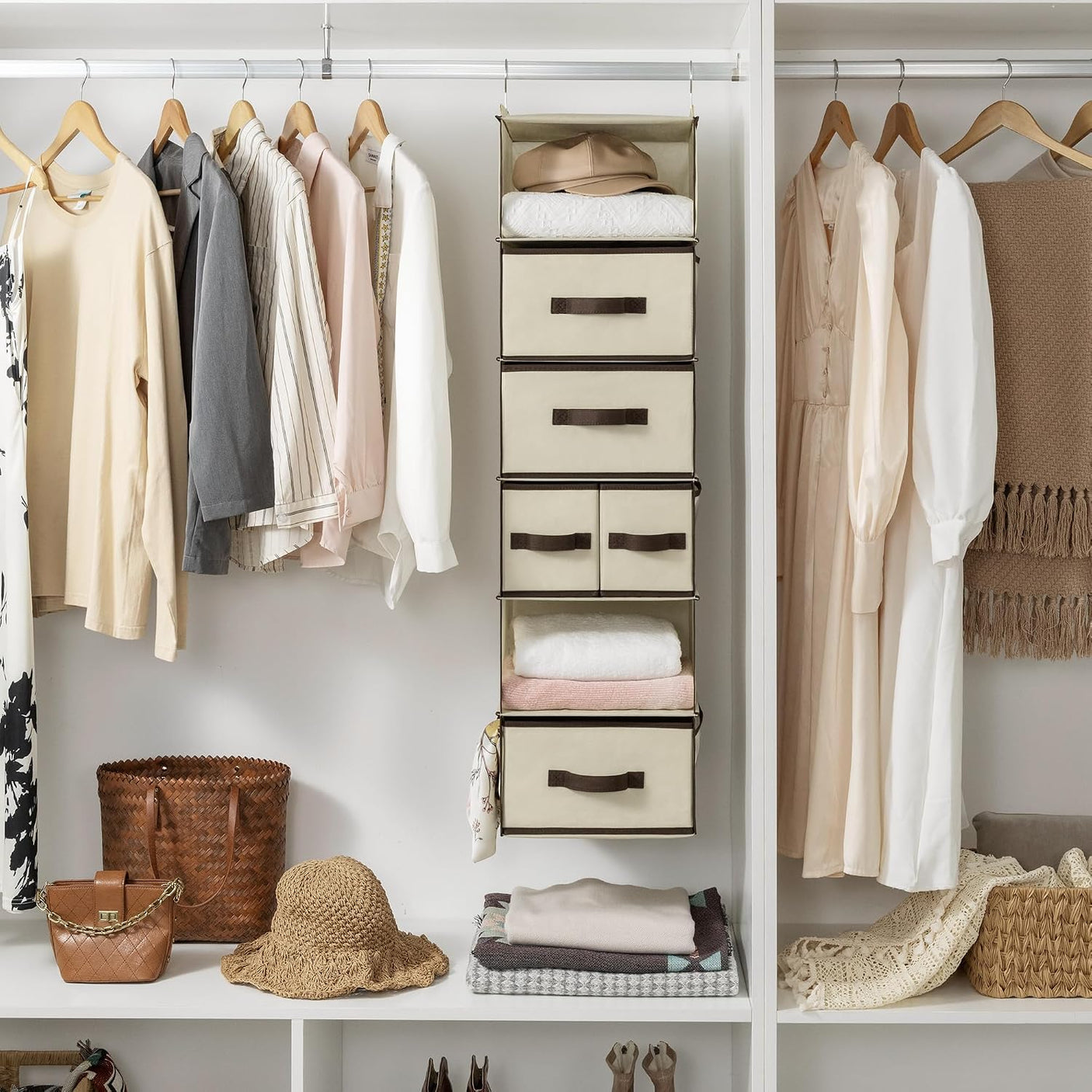Hanging Closet Organizer, 5 Drawers, 6 Shelves, 6 Pockets, Beige