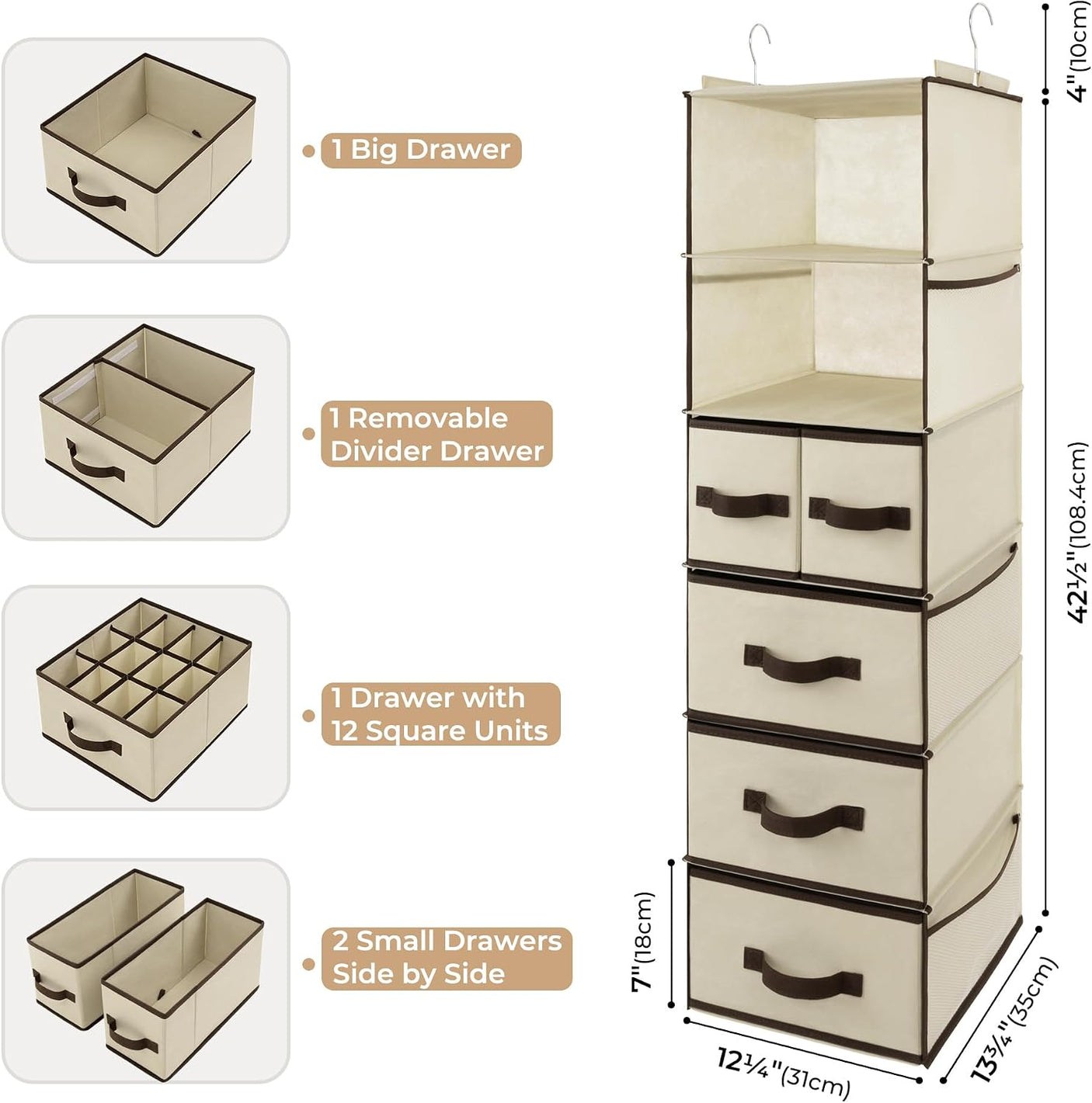 Hanging Closet Organizer, 5 Drawers, 6 Shelves, 6 Pockets, Beige