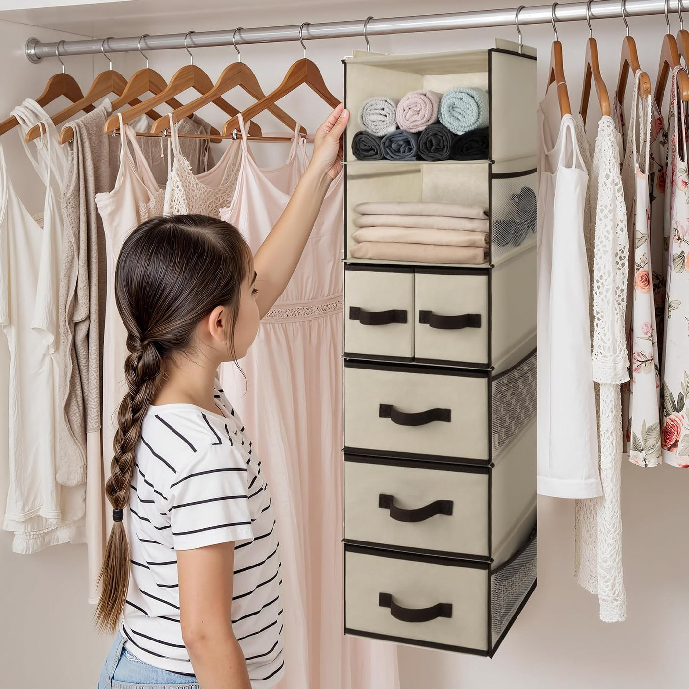 Hanging Closet Organizer, 5 Drawers, 6 Shelves, 6 Pockets, Beige