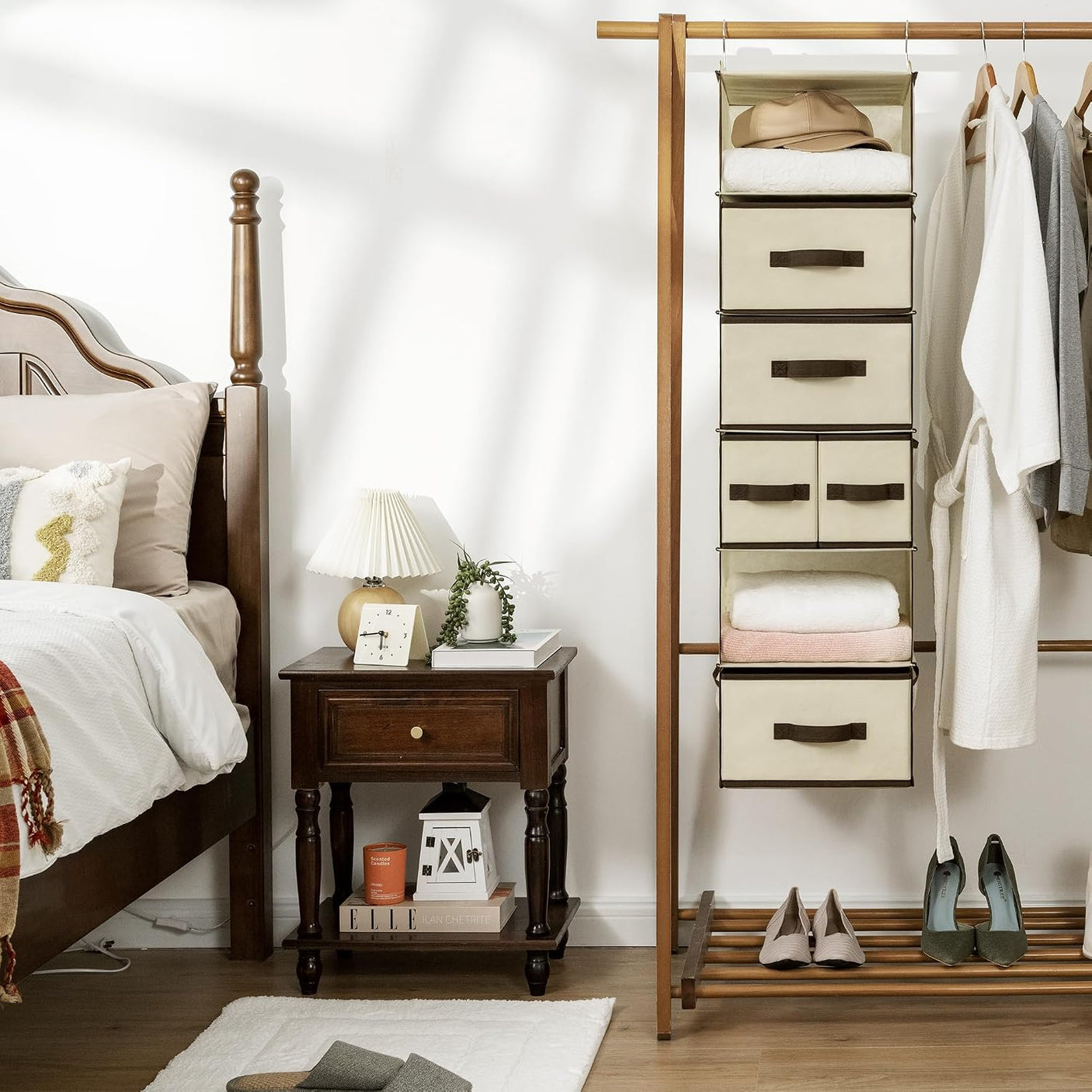 Hanging Closet Organizer, 5 Drawers, 6 Shelves, 6 Pockets, Beige
