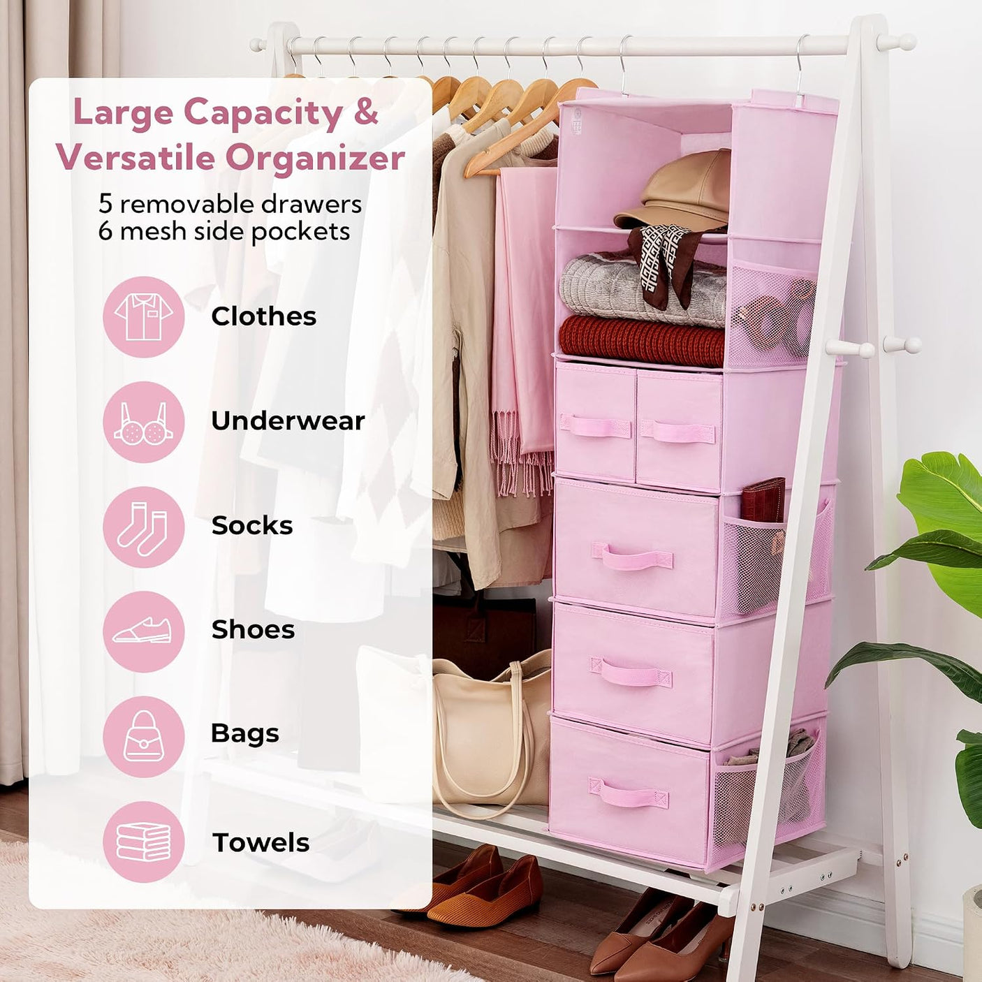 Hanging Closet Organizer, 5 Drawers, 6 Shelves, 6 Pockets, Pink