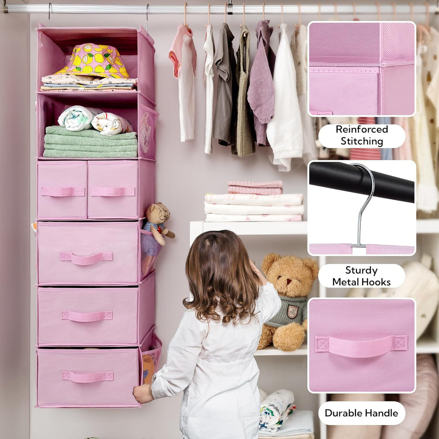 Hanging Closet Organizer, 5 Drawers, 6 Shelves, 6 Pockets, Pink