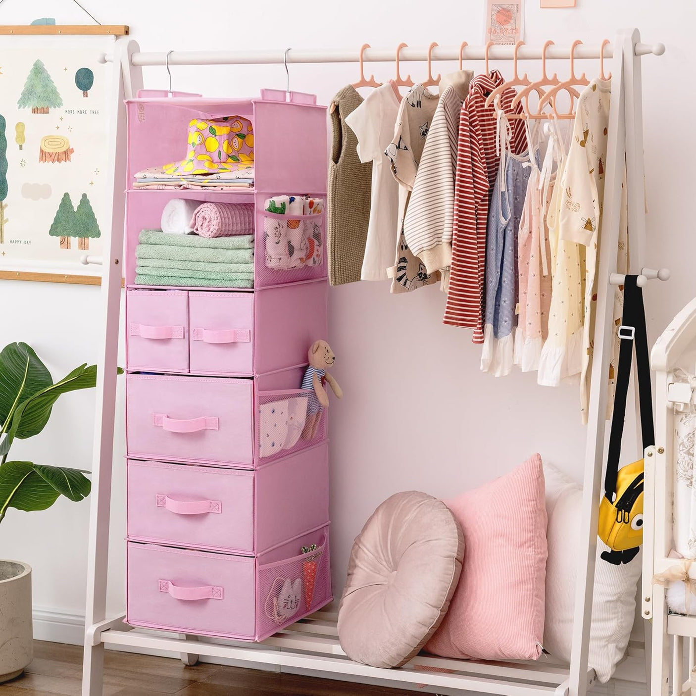Hanging Closet Organizer, 5 Drawers, 6 Shelves, 6 Pockets, Pink