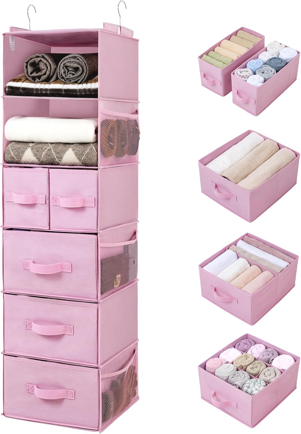 Hanging Closet Organizer, 5 Drawers, 6 Shelves, 6 Pockets, Pink