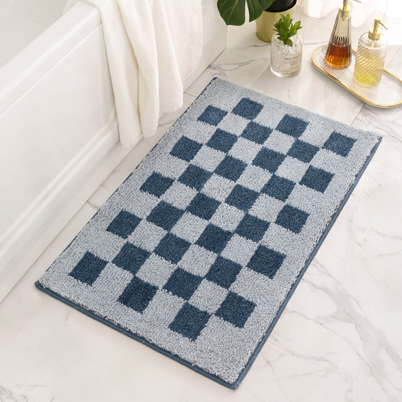 Checkered Blue Bathroom Rugs