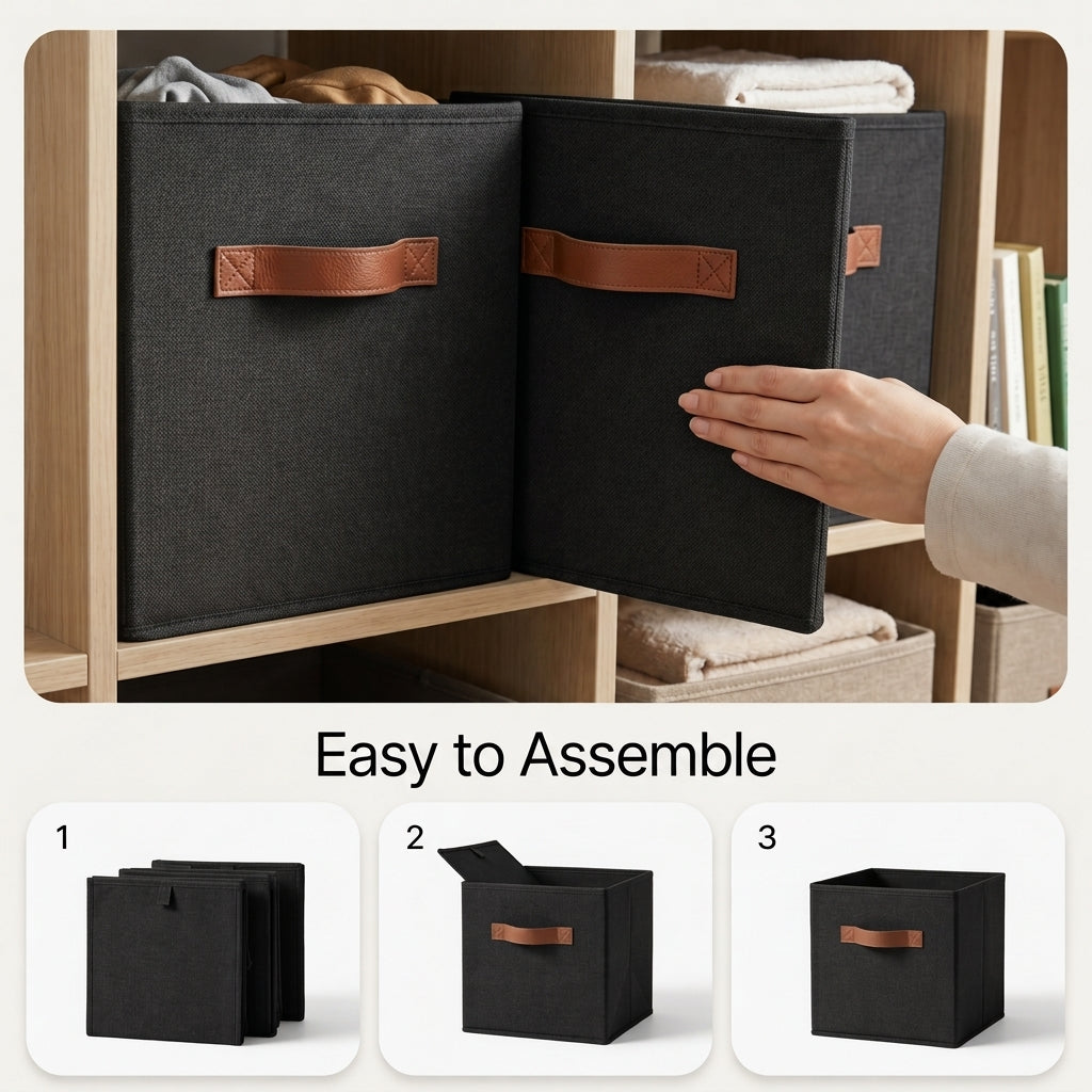 GRANNY SAYS 11" Cube Storage Bins with Faux Leather Handles, Black 6 Pack