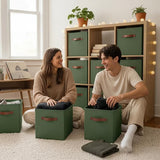 Storage Cubes with Leather Handles, 11 Inch, 6-Pack, Dark Green