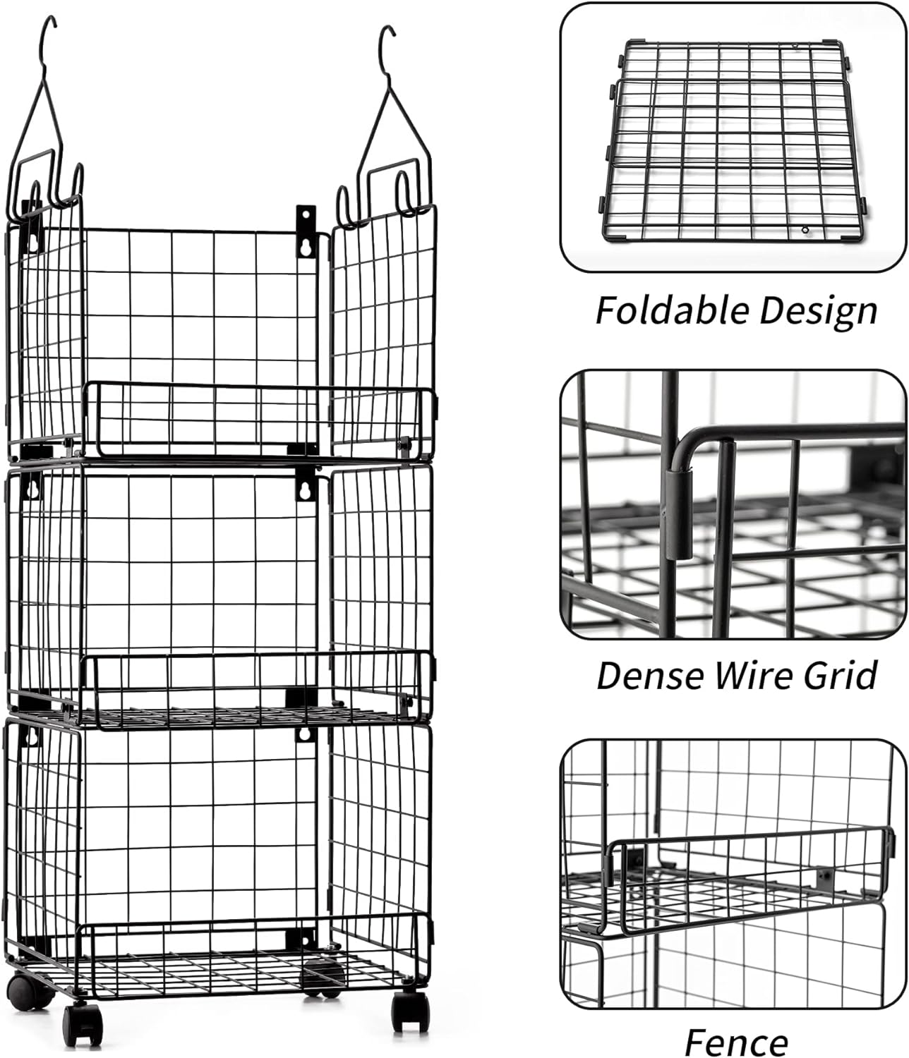 Wall Mount Wire Hanging Baskets with Wheels and Hangers